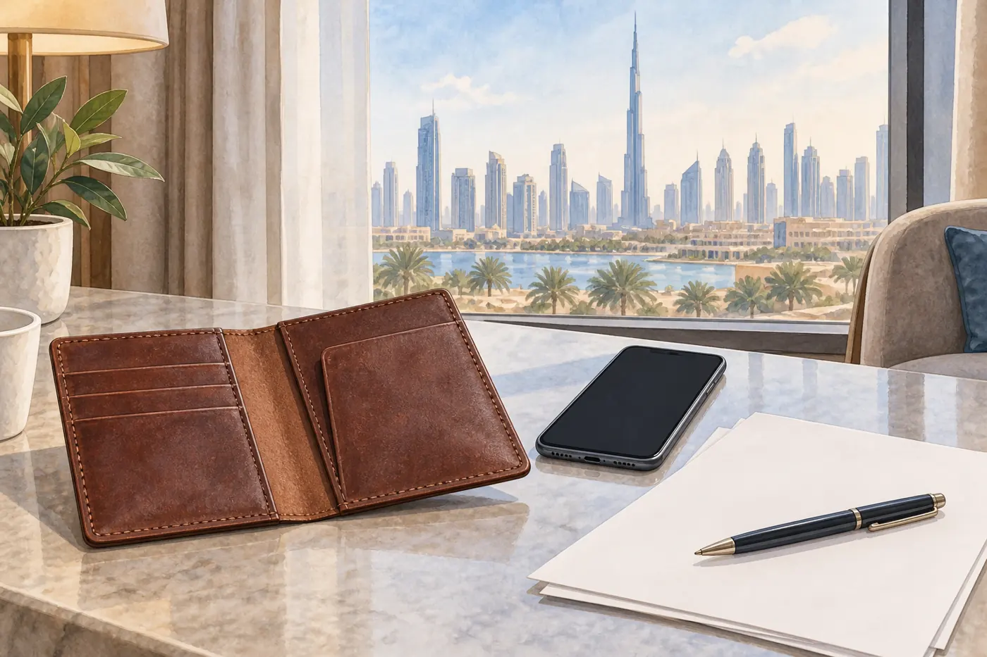 Watercolour illustration of an empty passport wallet, blank documents and phone beside a Dubai window