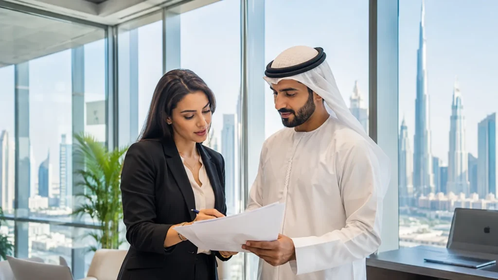 Emirati professional discussing workplace plans in a Dubai office