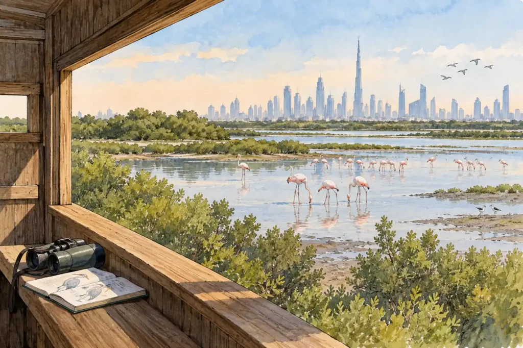 Watercolour illustration of flamingos in a Dubai wetland viewed from a wooden bird hide