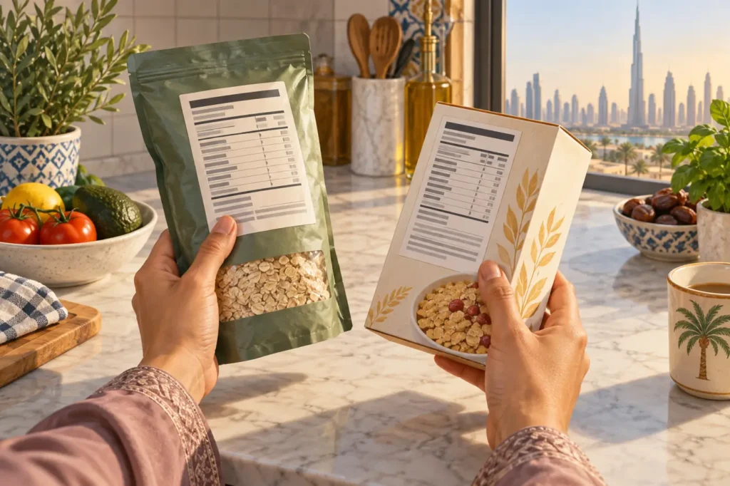 Illustration of a shopper comparing the nutrition panels of two unbranded food packets