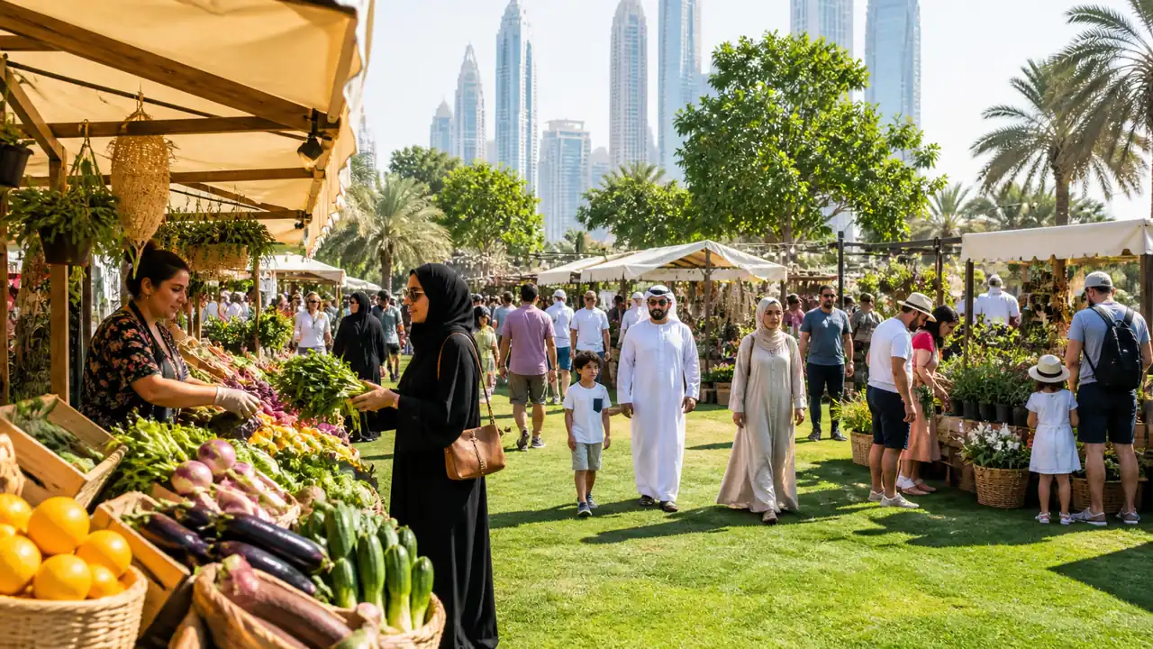Families and local makers at an outdoor Dubai weekend market