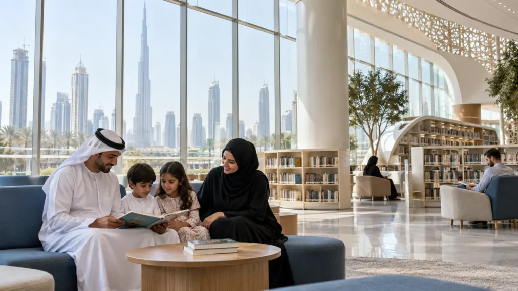 Family enjoying books together during a screen-free indoor day in Dubai