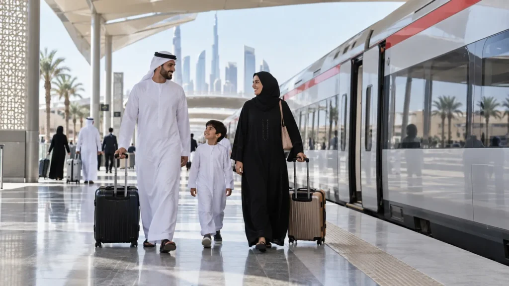 Family with luggage preparing to use public transport at a UAE station