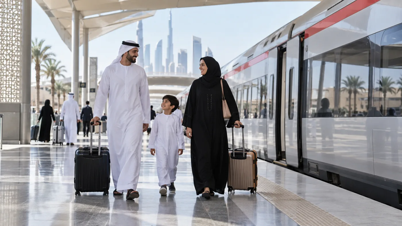 Family with luggage preparing to use public transport at a UAE station