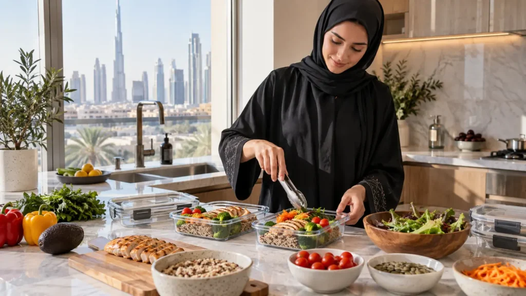 Colourful family meal-prep containers arranged safely in a Dubai kitchen
