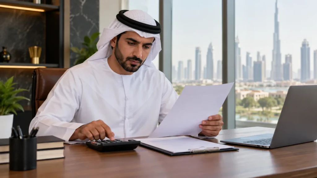 Freelancer reviewing a written contract and payment schedule in a UAE workspace