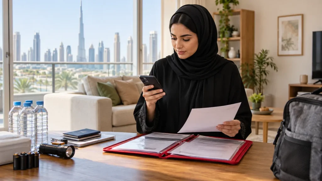 Organised household emergency file with documents, contacts and supplies in Dubai
