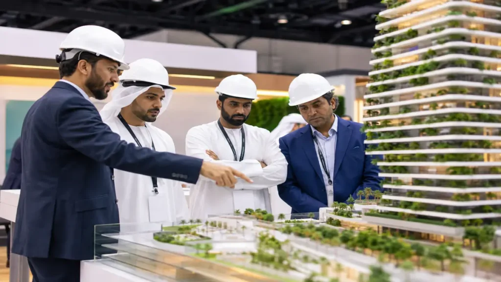 Construction industry professionals meeting at a Dubai trade exhibition