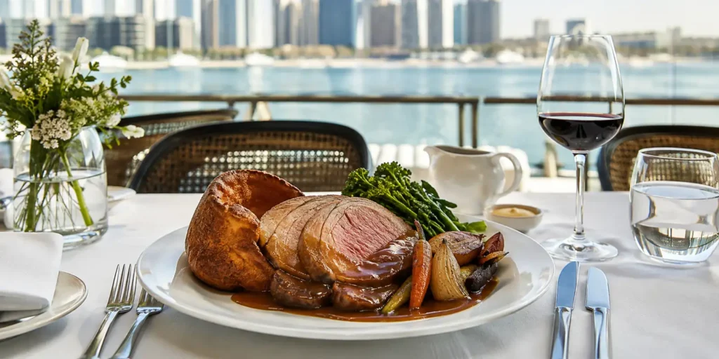 Sunday roast served at a waterfront restaurant on Bluewaters Island
