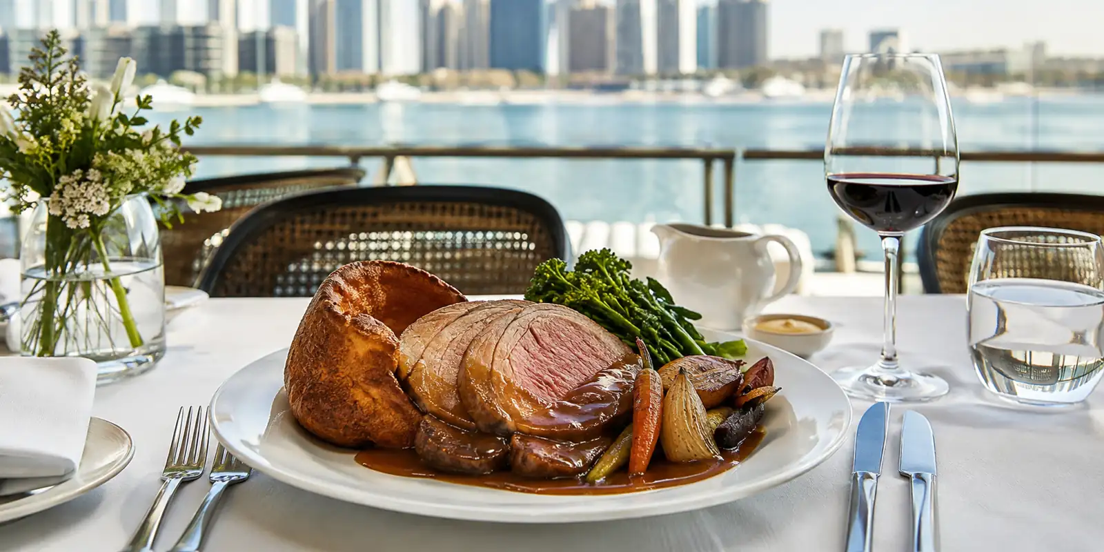 Sunday roast served at a waterfront restaurant on Bluewaters Island