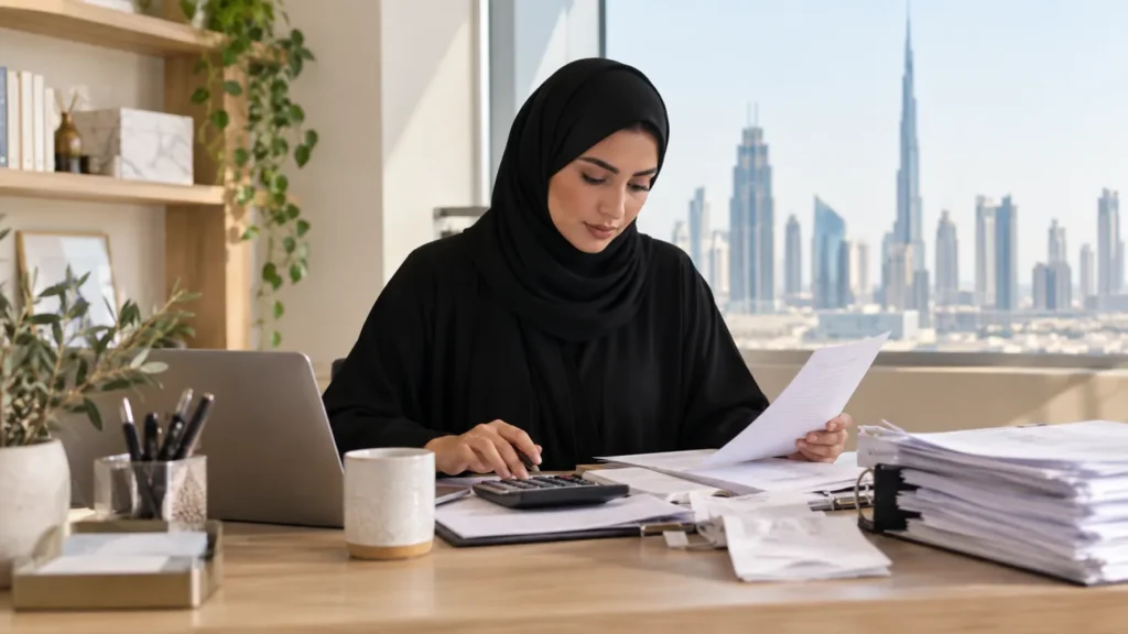 Small business owner organising expense records in a Dubai workspace