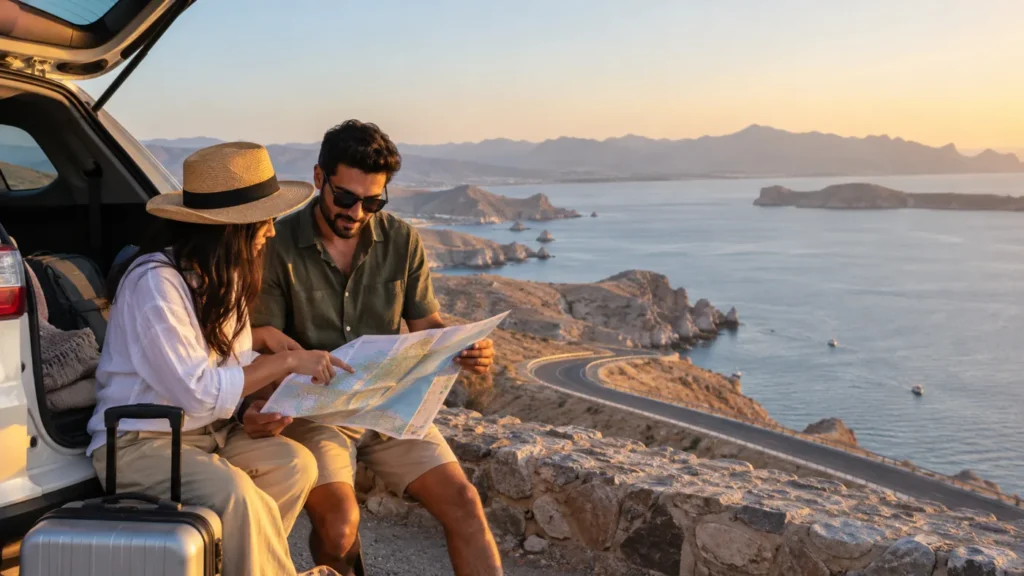 Travellers planning a UAE coastal weekend with a map and luggage