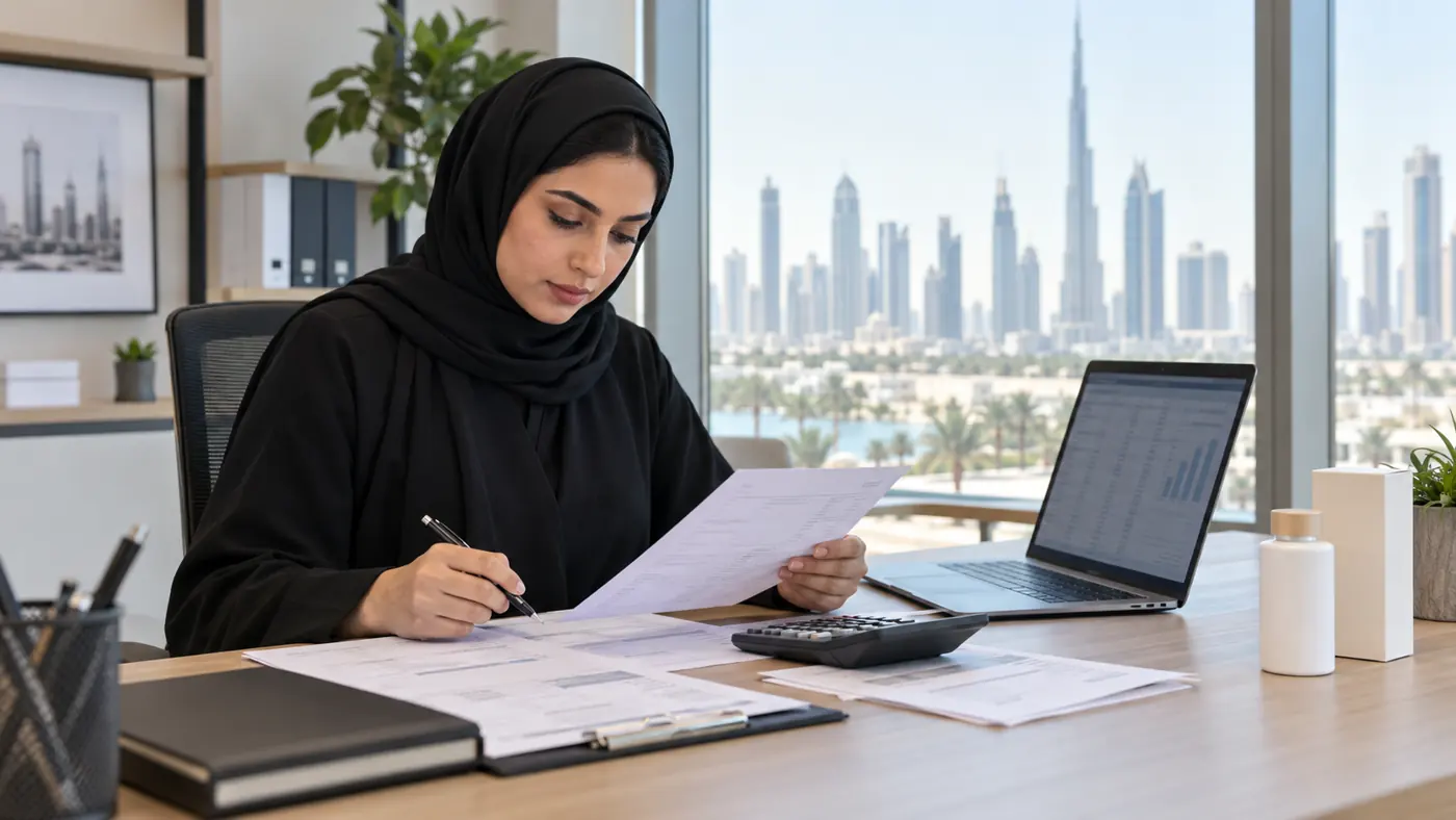 UAE business professional reviewing compliance documents at an office desk