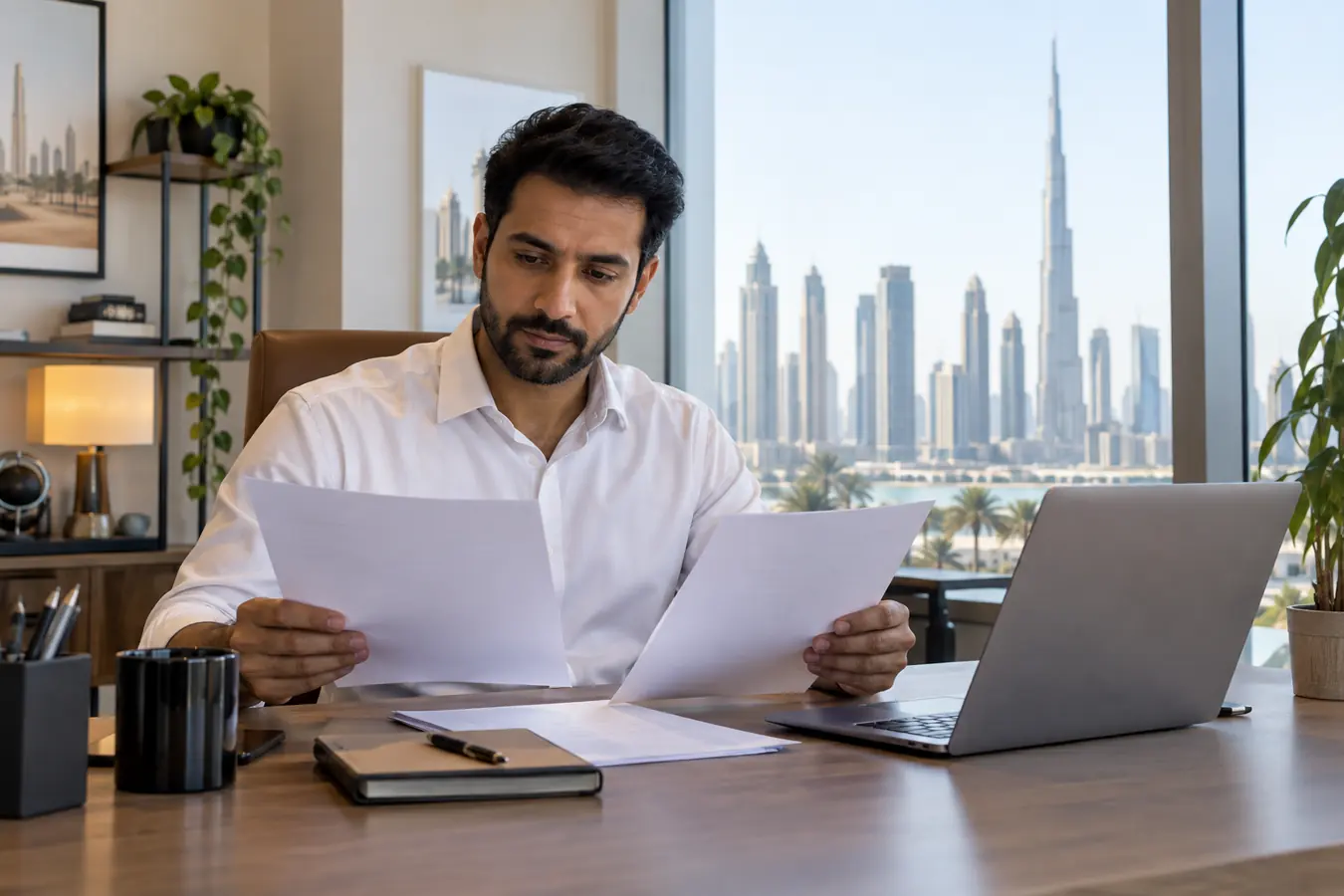 Small business owner reviewing invoice records in Dubai