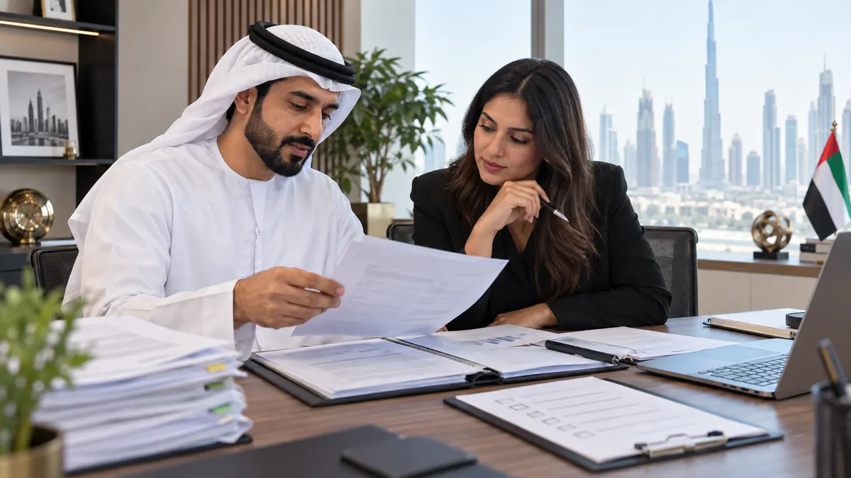 Emirati HR manager and colleague reviewing anonymised Emiratisation compliance records in Dubai