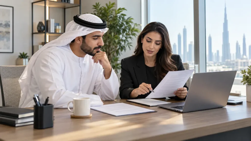 Employee and HR professional reviewing an employment contract amendment in Dubai