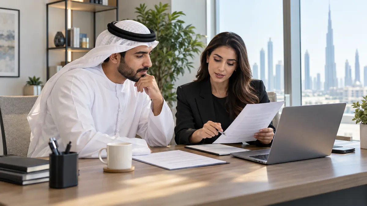 Employee and HR professional reviewing an employment contract amendment in Dubai