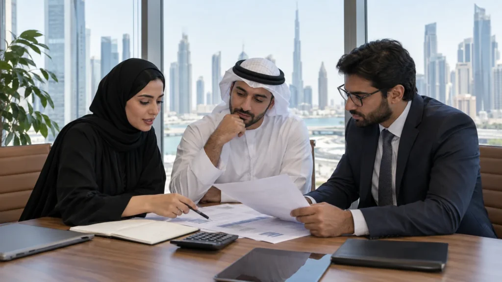 UAE office workers reviewing employment documents and calculations