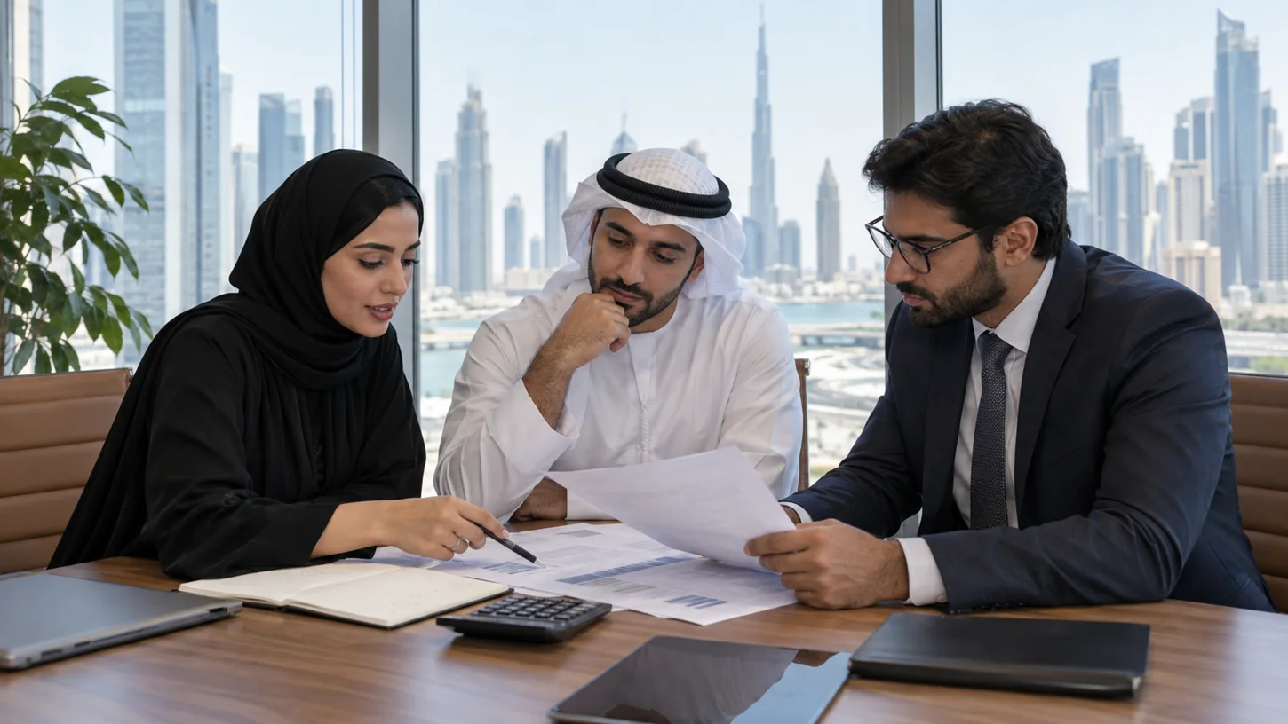 UAE office workers reviewing employment documents and calculations