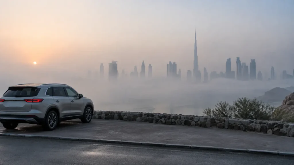 Car safely parked in Dubai morning fog