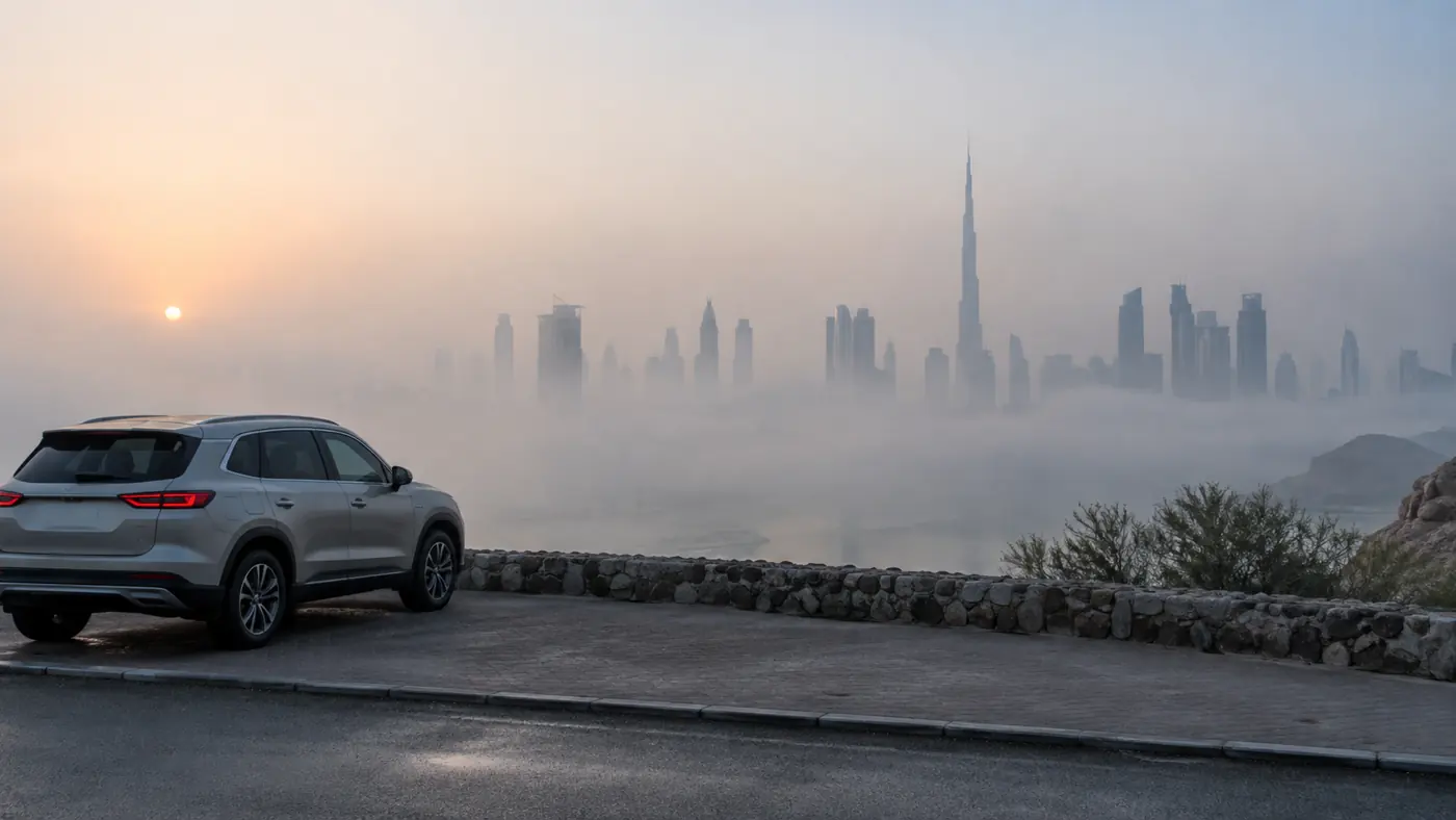 Car safely parked in Dubai morning fog