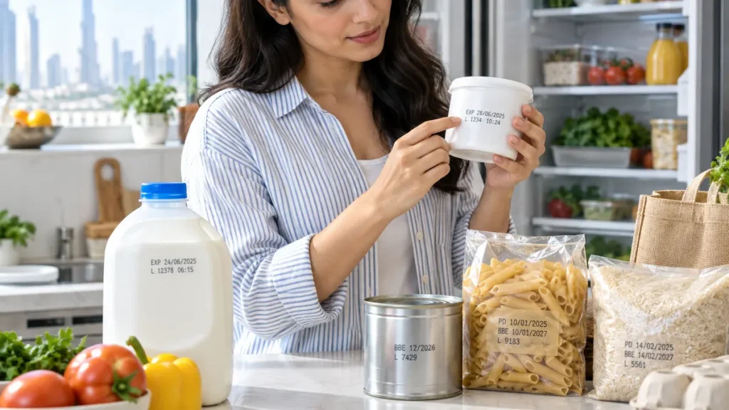 Dubai resident checking expiry and best-before details on packaged food in a home kitchen