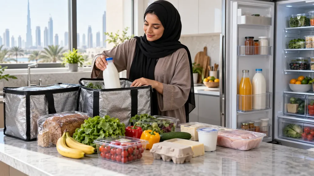 Home grocery delivery being safely unpacked beside an open refrigerator in Dubai
