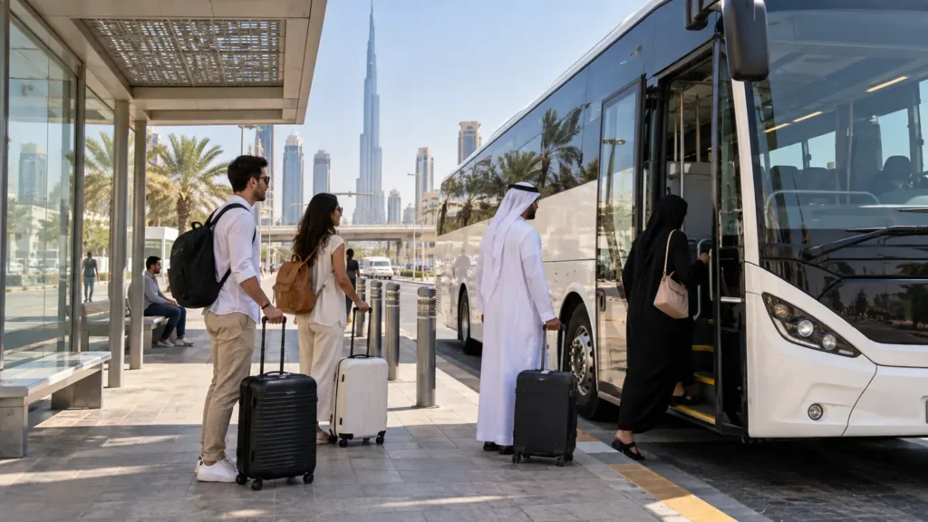 Travellers with luggage at a clean Dubai inter-emirate bus stop