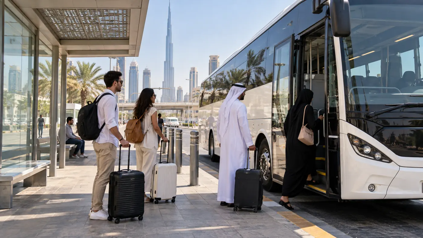 Travellers with luggage at a clean Dubai inter-emirate bus stop
