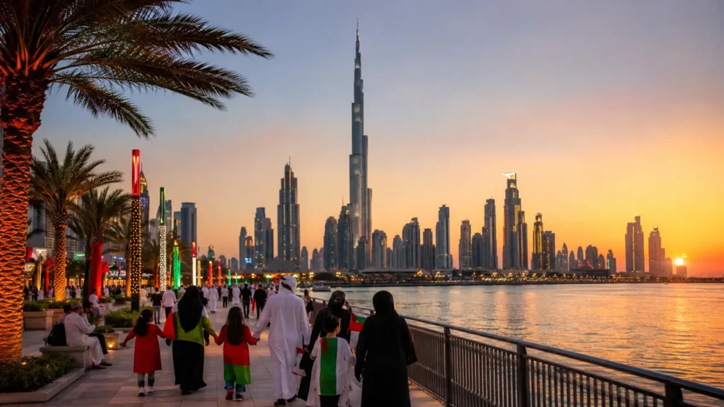 Dubai skyline decorated for UAE National Day celebrations