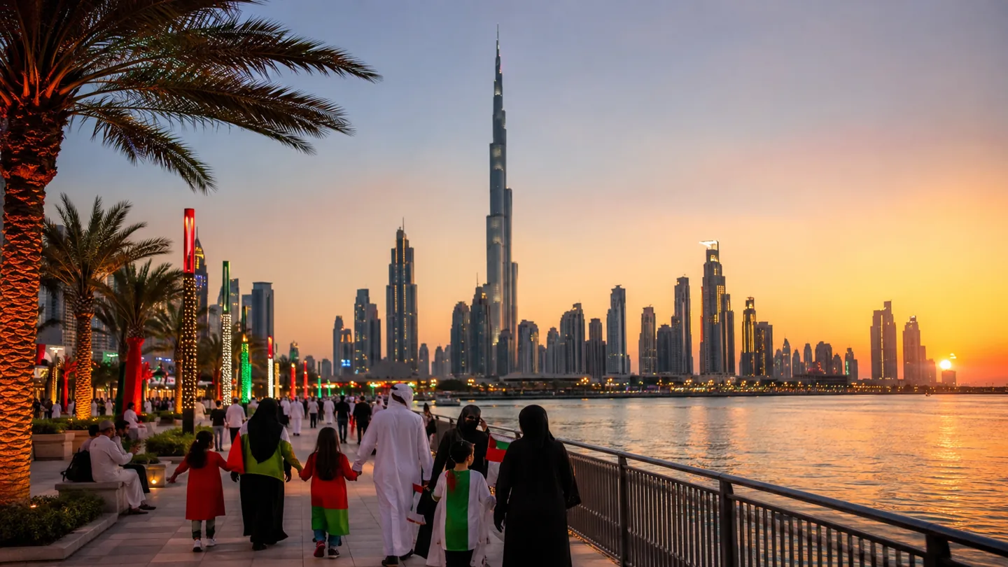 Dubai skyline decorated for UAE National Day celebrations