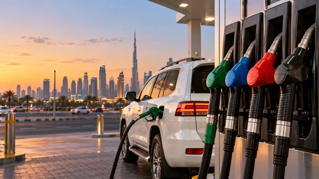 Petrol and diesel pumps beside a white SUV at a modern UAE fuel station for October 2026 fuel prices