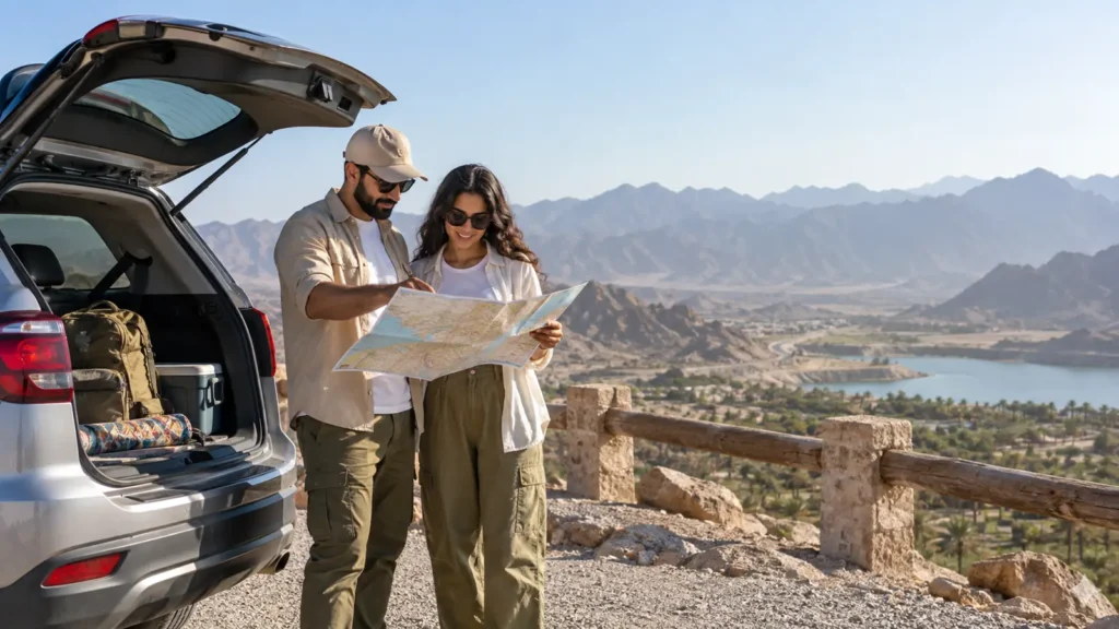 Travellers planning a UAE road trip beside a parked car