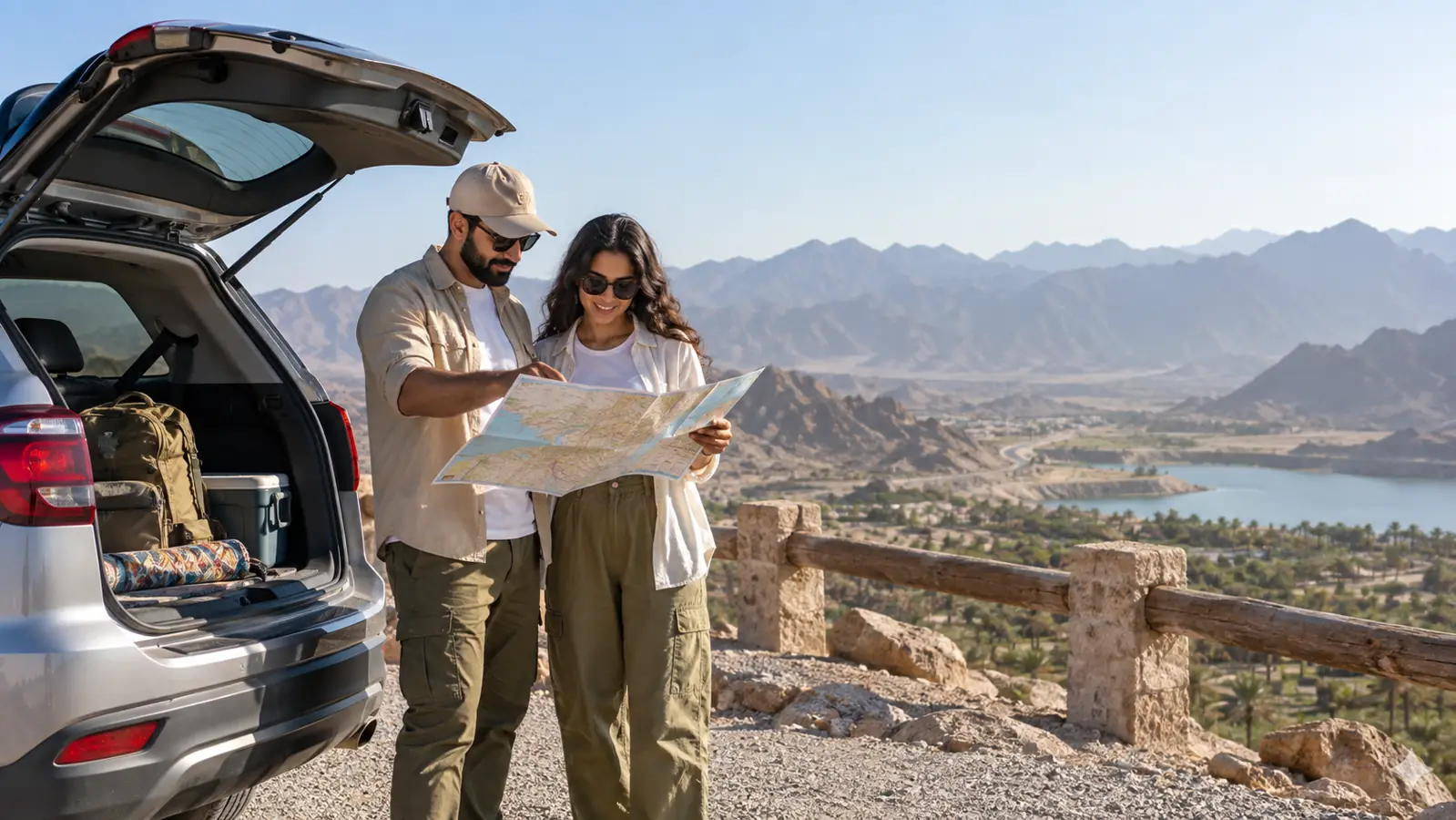 Travellers planning a UAE road trip beside a parked car
