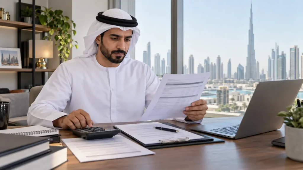 UAE employee reviewing salary records, contract terms and bank payments
