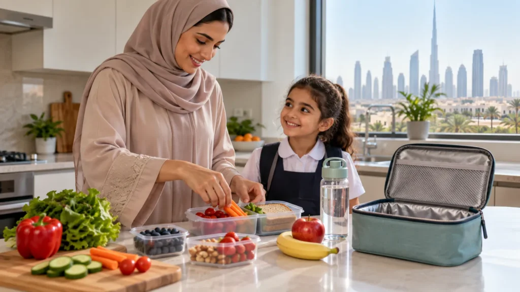 Parent and child preparing a balanced school lunch in a Dubai kitchen