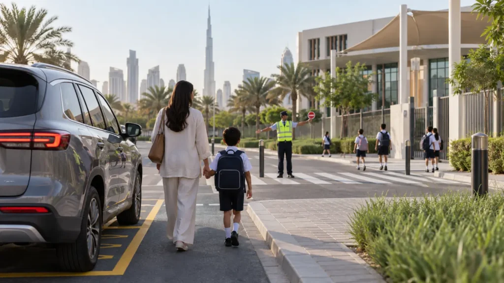Parent and child using a safe marked school crossing in Dubai