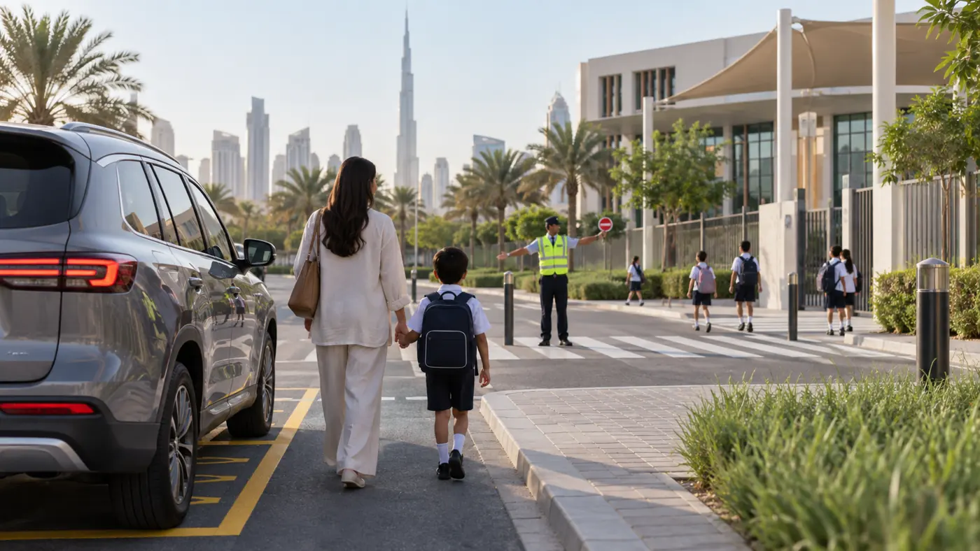 Parent and child using a safe marked school crossing in Dubai