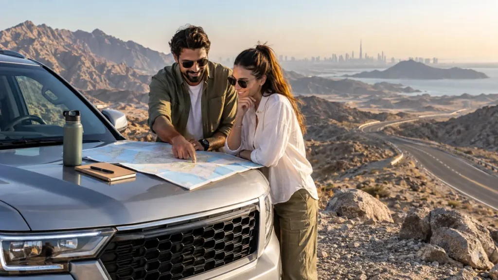 Travellers planning a seven-emirate UAE road trip beside a safely parked vehicle
