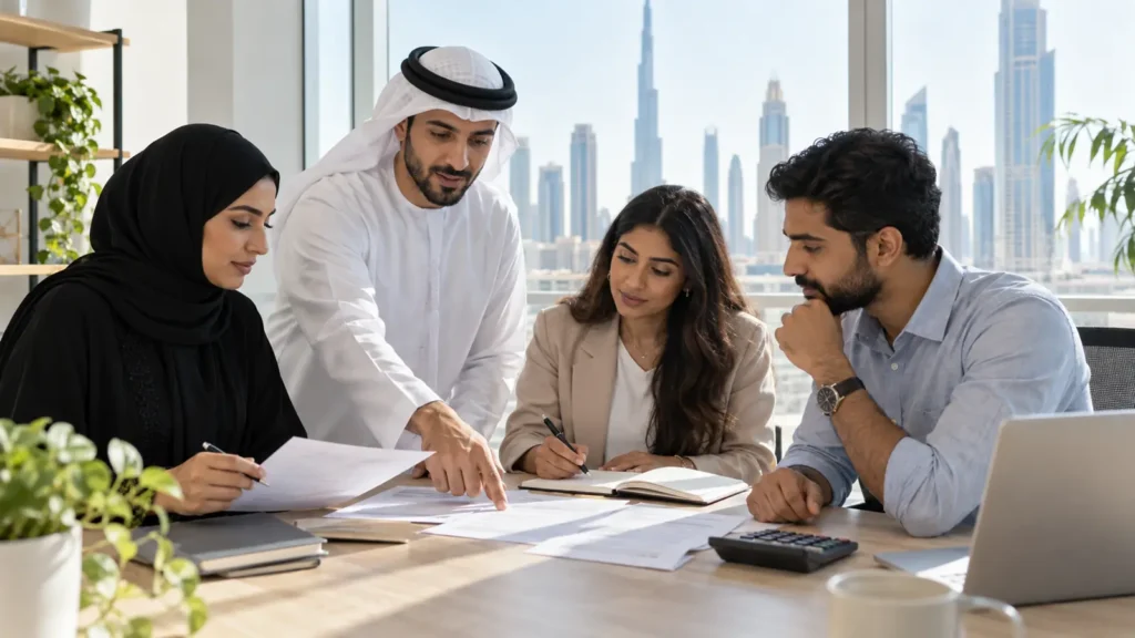 Small business team reviewing invoices and records at an office table