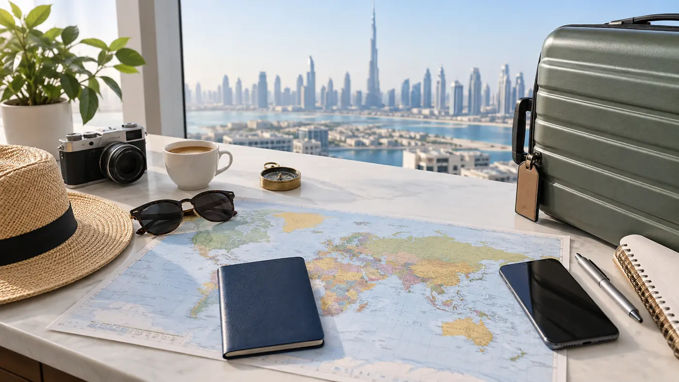Travel documents and suitcase prepared for an international trip from the UAE