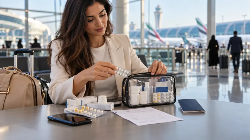 Traveller organising medicine in original packaging with a prescription and passport at Dubai International Airport