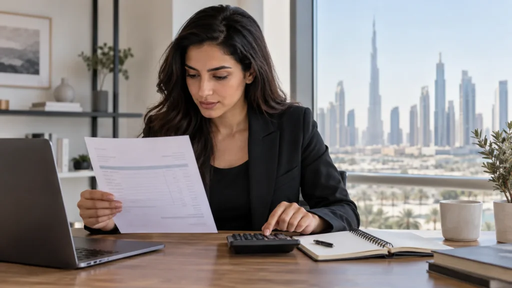 Small business owner reviewing an invoice and calculator in Dubai