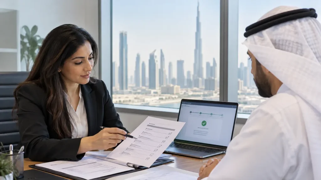 Employee and HR professional reviewing a UAE work permit cancellation checklist in a Dubai office
