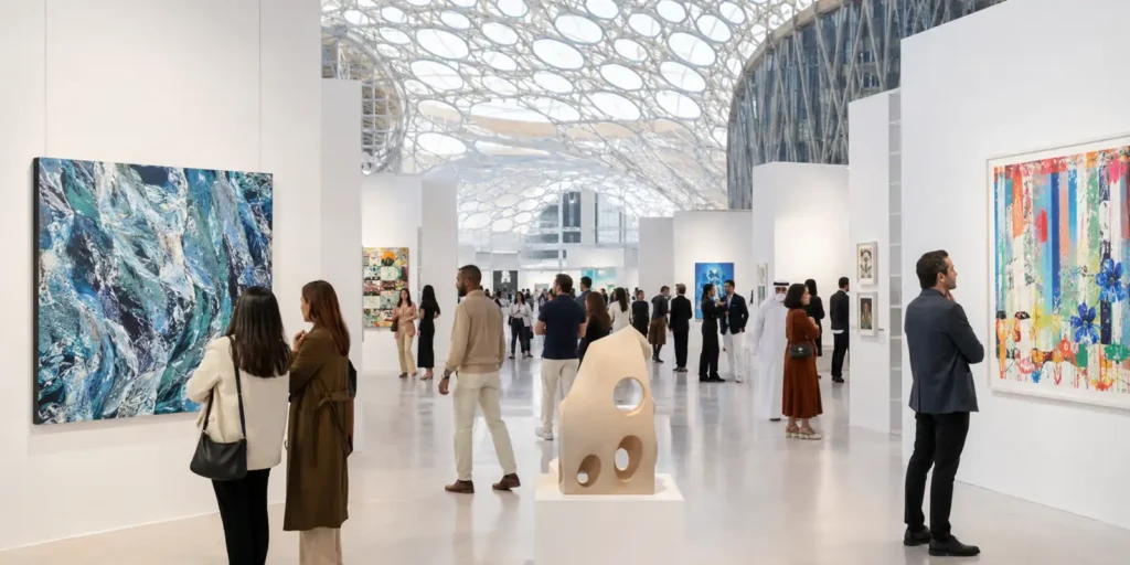 Visitors exploring a contemporary art fair in Dubai