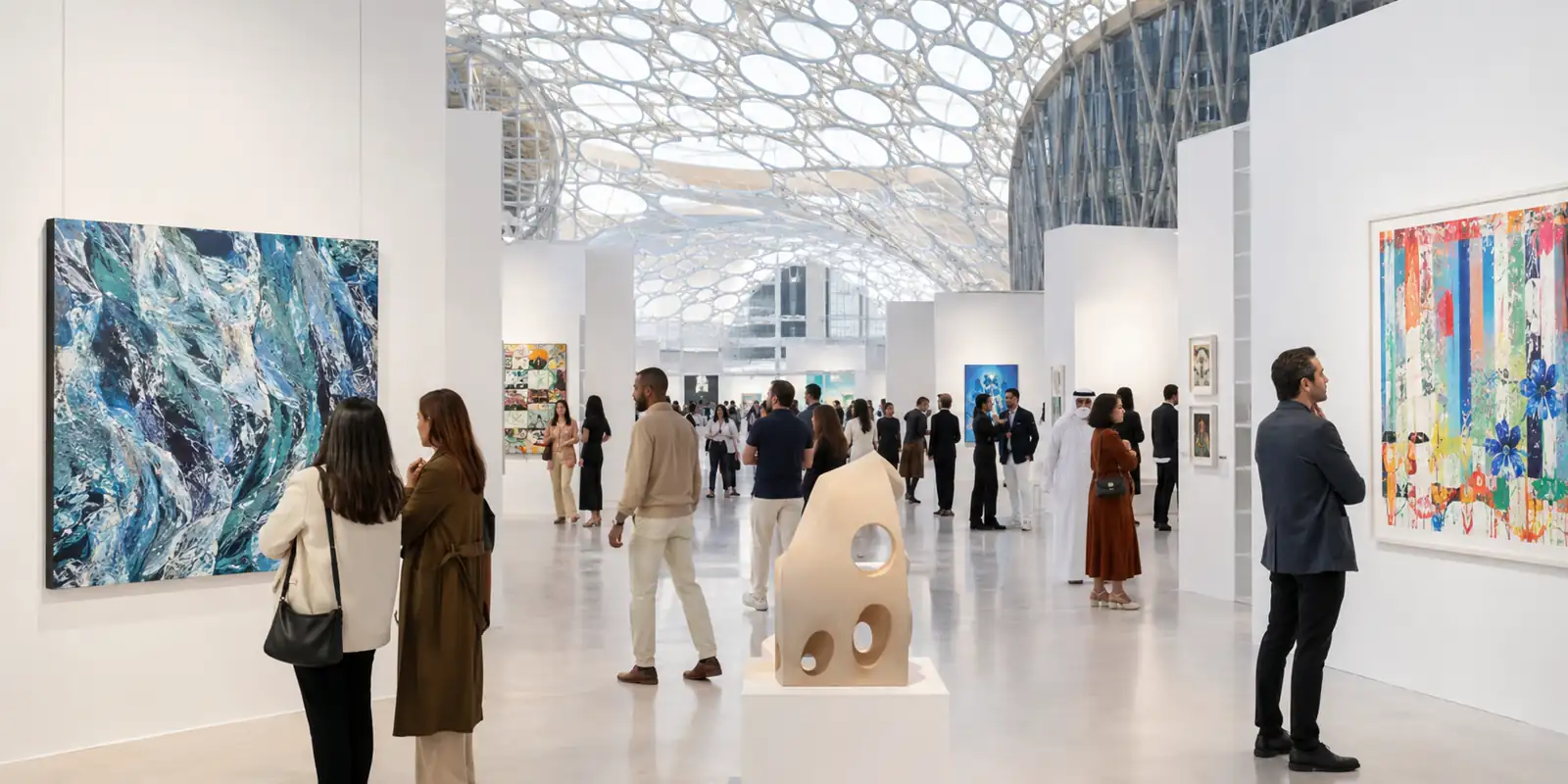 Visitors exploring a contemporary art fair in Dubai