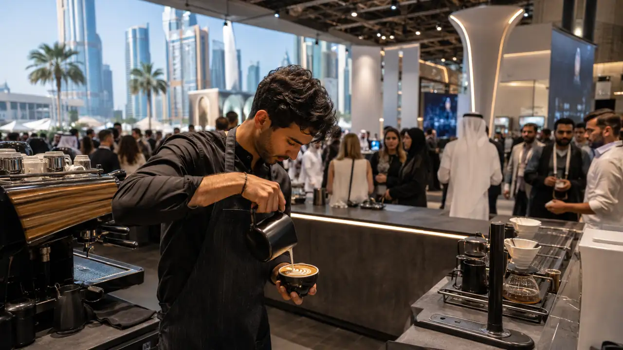 Barista preparing specialty coffee at a Dubai coffee exhibition