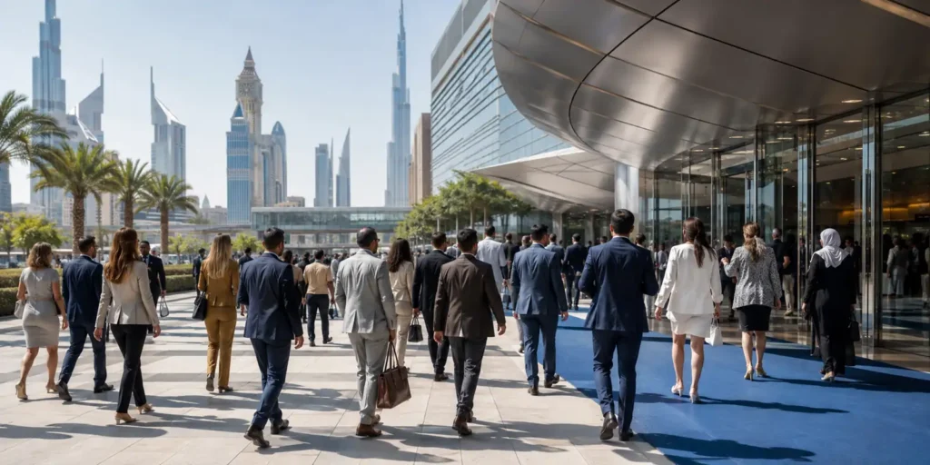 Professional delegates arriving at a modern Dubai conference venue
