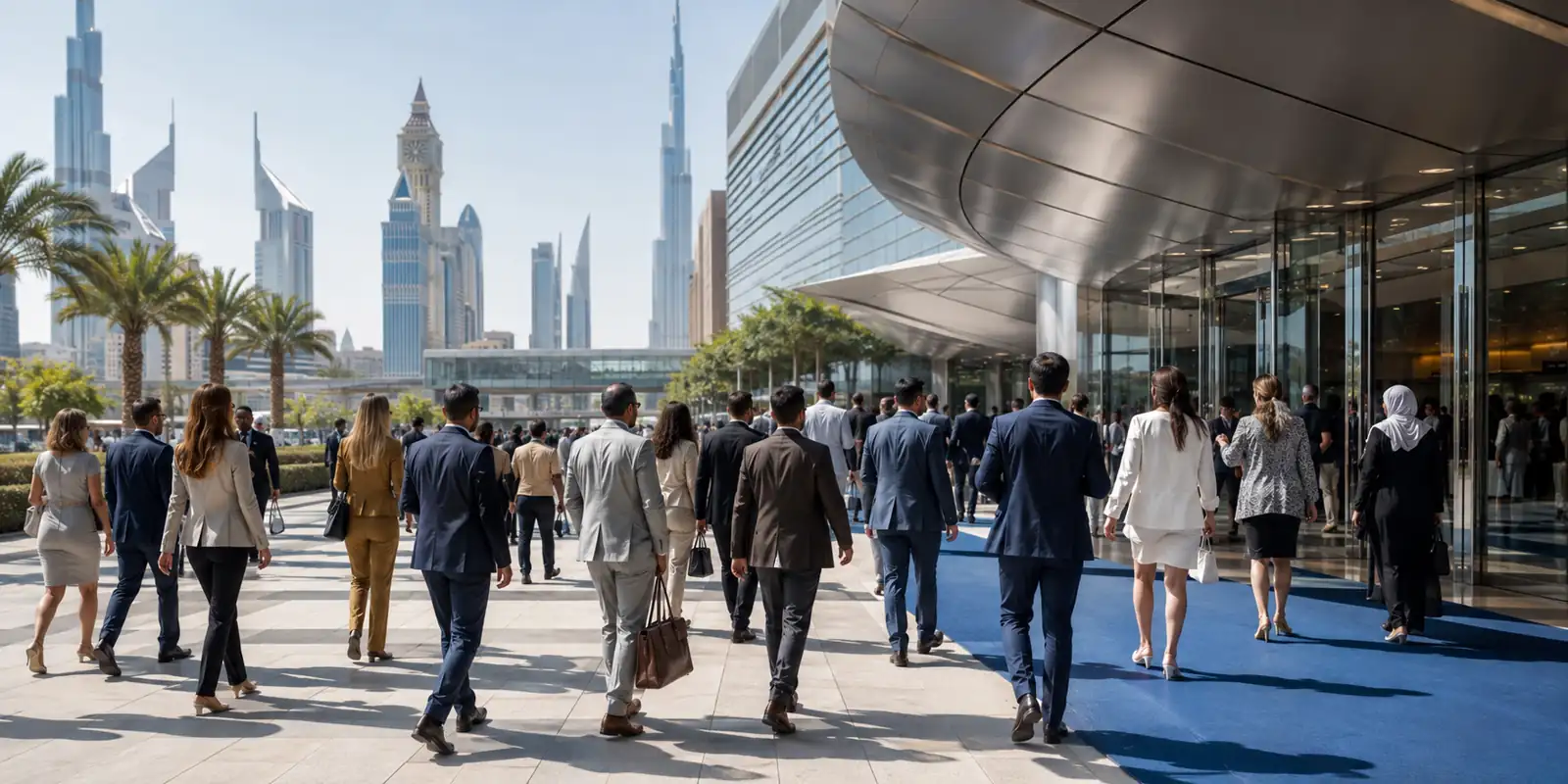 Professional delegates arriving at a modern Dubai conference venue