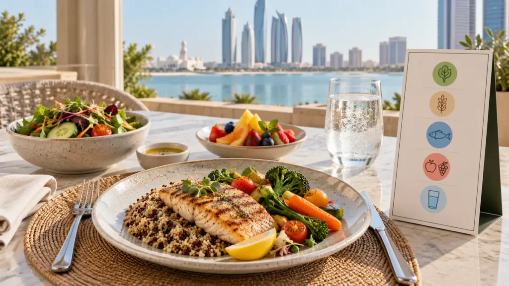 Balanced healthy meal with vegetables whole grains and clear calorie information on an Abu Dhabi restaurant menu